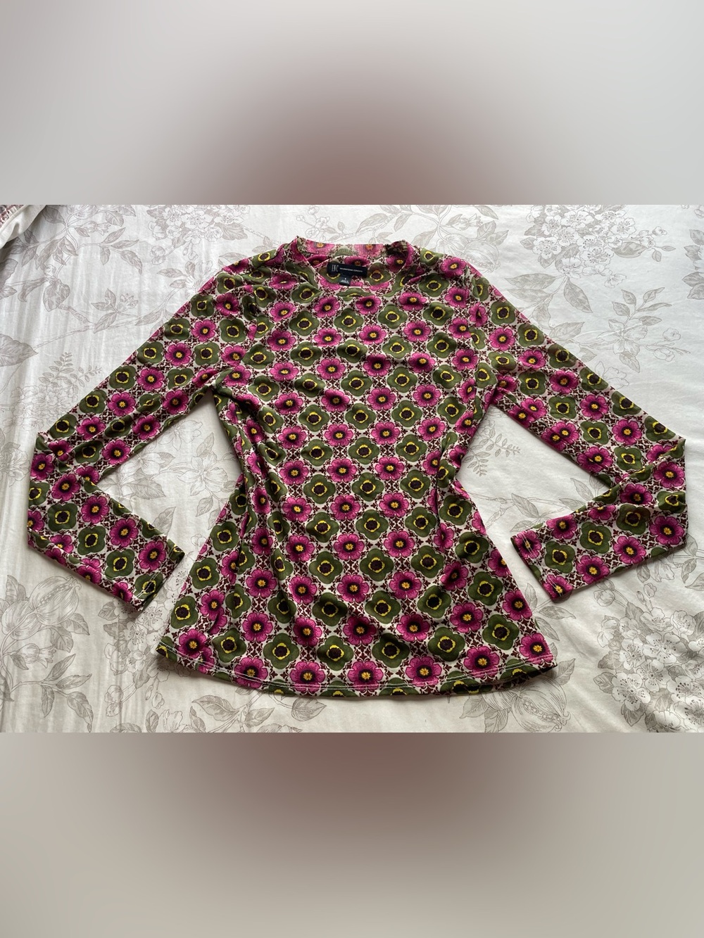 Pink Green Floral Mesh‎ Sheer Mock Neck Top Small Fairy Boho Retro Cottagecore